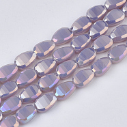 Electroplate Opaque Solid Color Glass Beads Strands, AB Color Plated, Faceted, Teardrop, Lilac, 8.5x6x4.5~5mm, Hole: 1mm, about 80pcs/strand, 26.38 inch(67cm)(EGLA-T020-02B)