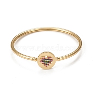Rack Plating Brass Micro Pave Cubic Zirconia Bangles, Real 18K Gold Plated Flat Round with Heart Clasp Bangles, Long-Lasting Plated, Cadmium Free & Lead Free, Colorful, Inner Diameter: 2-1/4 inch(5.6cm)(BJEW-E071-22G-01)