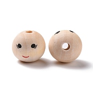Printed Wood European Beads, Large Hole Round Bead with Smiling Face Pattern, Undyed, Bisque, 20x17.5mm, Hole: 4.7mm, about 217pcs/500g(WOOD-C001-03A-05)