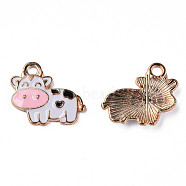 Alloy Enamel Pendants, Cadmium Free & Lead Free, Light Gold, Cow, Pink, 17x19x2mm, Hole: 2mm(ENAM-N059-27)