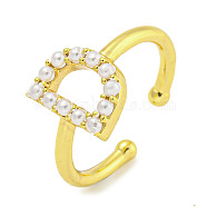 Rack Plating Brass Open Cuff Rings for Women, with ABS Imitation Pearl, Cadmium Free & Lead Free, Long-Lasting Plated, Letter, Letter D, Inner Diameter: 17mm, letter D: 11x8.7mm(RJEW-F162-01G-D)