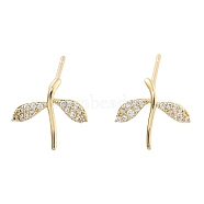 Brass Micro Pave Cubic Zirconia Stud Earrings, Leaf, Light Gold, 11.5x12mm(EJEW-Q800-20KCG)