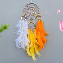 Woven Web/Net with Feather Decorations, with Iron Ring, for Home Bedroom Hanging Decorations, Orange, 730mm(PW-WG21777-04)