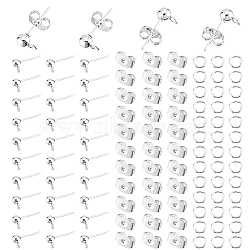 Elite 100Pcs 304 Stainless Steel Ball Stud Earring Post, with Horizontal Loops, with 100Pcs Iron Open Jump Rings and 100Pcs Ear Nuts, Stainless Steel Color, 15x7x4mm, Hole: 1.7mm, Pin: 0.8mm(FIND-PH0006-65)