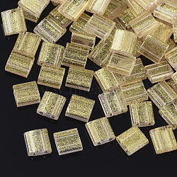 2-Hole Glass Seed Beads, Transparent Spray Painted, with Glitter Powder, Rectangle, Pale Goldenrod, 5x4.5~5.5x2~2.5mm, Hole: 0.5~0.8mm(X-SEED-S023-39C-04)