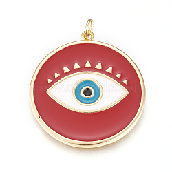 Brass Enamel Pendants, Long-Lasting Plated, Lead Free & Cadmium Free & Nickel Free, Flat Round with Evil Eye, Real 18K Gold Plated, Red, 31x28.5x2mm, Hole: 3.5mm(ZIRC-L078-069A-NR)
