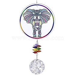 Glass Round Window Hanging Suncatchers, with Acrylic Elephant Meditation Home Outdoor Garden Ornaments, 370mm(HJEW-B006-01B)