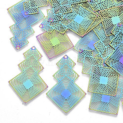 Ion Plating(IP) 201 Stainless Steel Filigree Pendants, Etched Metal Embellishments, Rhombus, Rainbow Color, 40.5x26.5x0.3mm, Hole: 1.2mm(STAS-R102-33)
