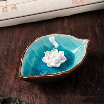 Porcelain Incense Burners,  Leaf & Lotus Incense Holders, Home Office Teahouse Zen Buddhist Supplies, Cyan, 110x30x72mm
