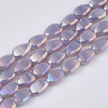 Electroplate Opaque Solid Color Glass Beads Strands, AB Color Plated, Faceted, Teardrop, Lilac, 8.5x6x4.5~5mm, Hole: 1mm, about 80pcs/strand, 26.38 inch(67cm)