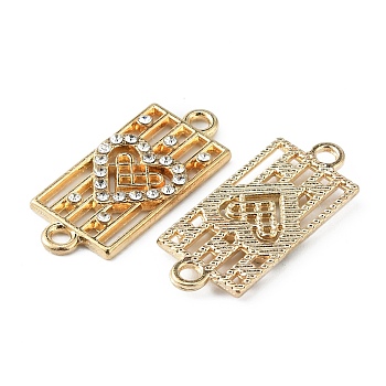 Alloy Rhinestone Connector Charms, Rectangle with Heart, Light Gold, Crystal, 26x11x2~2.5mm, Hole: 1.8mm