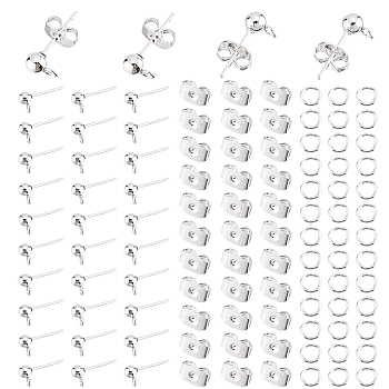 Elite 100Pcs 304 Stainless Steel Ball Stud Earring Post, with Horizontal Loops, with 100Pcs Iron Open Jump Rings and 100Pcs Ear Nuts, Stainless Steel Color, 15x7x4mm, Hole: 1.7mm, Pin: 0.8mm