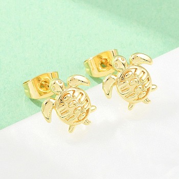 Brass Stud Earrings, Tortoise, Long-Lasting Plated, Rack Plating, Lead Free & Cadmium Free, Real 18K Gold Plated, 11x10mm