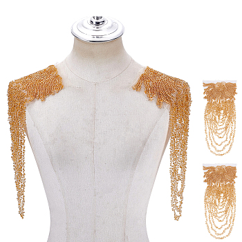 2Pcs Polyester Fringe Shoulder Applique, Beaded Tassel Trim for Dresses & Formal Wear, Goldenrod, 430x172x2.5mm