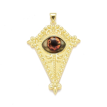 Glass Pendants, with Brass Findings, Cadmium Free & Nickel Free & Lead Free, Long-Lasting Plated, Real 18K Gold Plated, Rhombus with Eye, Orange Red, 46.5x32x9mm, Hole: 4.5x3mm