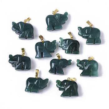 Natural Agate Pendants, with Golden Plated Metal(Brass or Iron Materials Random Delivery) Snap On Bails, Dyed, Elephant, Dark Cyan, 17~19x20~22.5x11.5~12.5mm, Hole: 2.5x6mm