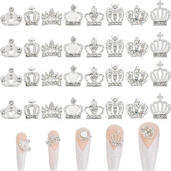 32Pcs 8 Style Crown Alloy Rhinestone Nail Art Cabochons, Nail Art Charms for Women DIY Manicures Decoration Accessories, Silver, 7~11x8.5~12x2~4mm, 4pcs/style