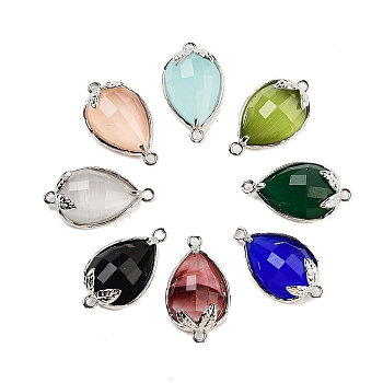 Cat Eye Faceted Teardrop Connector Charms, Brass Strawberry Links, Platinum, Mixed Color, 20x11.5x5mm, Hole: 1.2mm