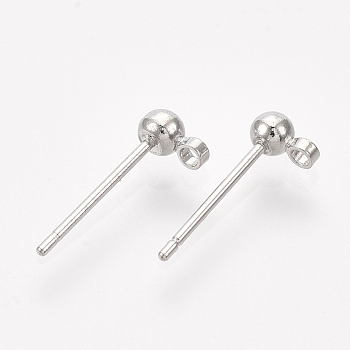 Brass Ball Stud Earring Findings, with Loop and Steel Pins, Real Platinum Plated, 14x3mm, Hole: 1mm, Pin: 0.8mm