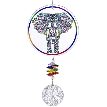 Glass Round Window Hanging Suncatchers, with Acrylic Elephant Meditation Home Outdoor Garden Ornaments, 370mm