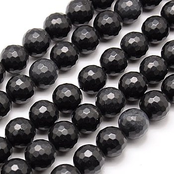 Natural Black Stone Beads Strands, Faceted, Round, Black, 14mm, Hole: 1mm, about 28pcs/strand, 15.75 inch
