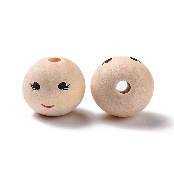 Printed Wood European Beads, Large Hole Round Bead with Smiling Face Pattern, Undyed, Bisque, 20x17.5mm, Hole: 4.7mm, about 217pcs/500g