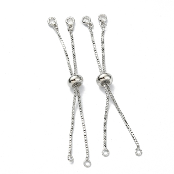 Rack Plating Brass Slider Bracelets Making, Box Chain Bolo Bracelets Making, with Cubic Zirconia Flat Round Charms, Real Platinum Plated, Single Chain Length: about 7cm