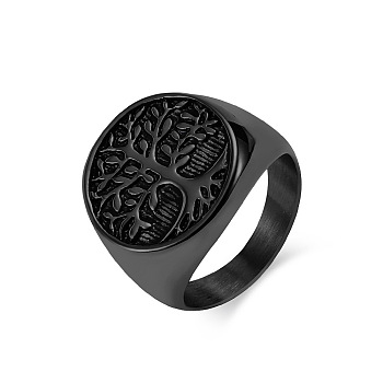 Retro Titanium Steel Tree of Life Finger Ring, Wide Band Ring, Electrophoresis Black, Inner Diameter: 17mm