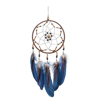 Iron Woven Web/Net with Feather Pendant Decorations, for Home Bedroom Hanging Decorations, Marine Blue, 450mm