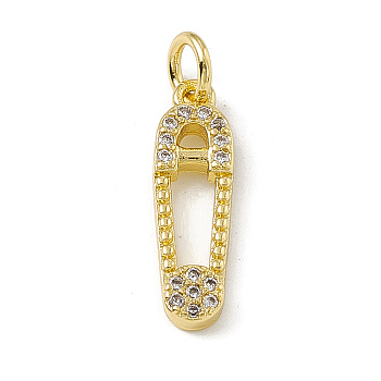 Brass Micro Pave Cubic Zirconia Pendants, with Jump Rings, Safety Pin Charm, Real 18K Gold Plated, 16.5x5x2mm, Hole: 2.7mm