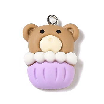 Opaque Resin Pendants, Cartoon Charms with Platinum Plated Iron Loops, Bear Cupcake, 25.5x19x8mm, Hole: 2mm