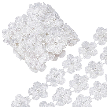 Polyester Ribbon, with Beads, Flower, White, 1-7/8 inch(49mm)