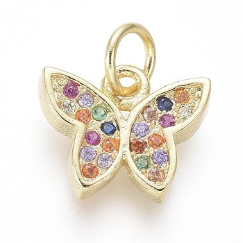 Brass Micro Pave Cubic Zirconia Charms, with Jump Rings, Butterfly, Colorful, Golden, 9.5x11x2mm, Hole: 3mm