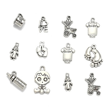 Mixed Tibetan Style Alloy Pendants for Baby, Antique Silver, 15~24x7.5~14x2~10mm, Hole: 2mm