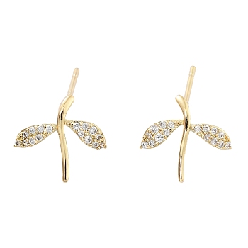 Brass Micro Pave Cubic Zirconia Stud Earrings, Leaf, Light Gold, 11.5x12mm