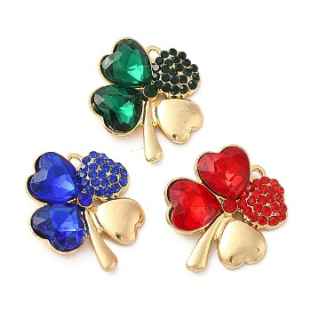 Rack Plating Alloy Pendants, with Rhinestone and Glass, Clover Charm, Golden, Mixed Color, 25.5x23x6mm, Hole: 1.8mm