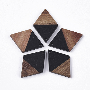 Resin & Walnut Wood Pendants, Rhombus, Black, 34.5x24x3mm, Hole: 2mm