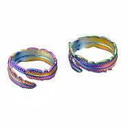 Feather Cuff Rings, Rainbow Color 304 Stainless Steel Open Rings for Women, US Size 7(17.3mm)(RJEW-N038-028)