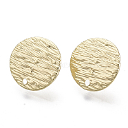 Iron Stud Earring Findings, with Loop and Steel Pin, Flat Round, Textured , Light Gold, 14mm, Hole: 1.2mm, Pin: 0.7mm(IFIN-N005-02)