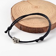 Adjustable Waxed Cotton Cord Bracelets, with Alloy Findings, Antique Silver, Black, 65mm(BJEW-JB02163)