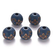 Painted Natural Wood Beads, Laser Engraved Pattern, Round with Flower Pattern, Steel Blue, 16x15mm, Hole: 4mm(X-WOOD-N006-03B-07)