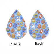 PU Leather Big teardrop, with Bunny Pendants, Easter Theme, with Rabbit and Egg Pattern, Light Blue, 55x35x2mm, Hole: 2mm(X-FIND-T058-A11)