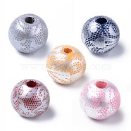 Painted Natural Wood European Beads, Large Hole Beads, Printed, Round with Flower Pattern, Mixed Color, 16x15mm, Hole: 4mm(WOOD-S057-026)