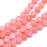 Natural White Jade Bead Strands, Dyed, Faceted, Round, Light Coral, 8~9mm, Hole: 1mm, about 46pcs/strand, 14.76~14.96 inch(37.5~38cm)(X-G-R346-8mm-16)