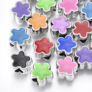 UV Plating Acrylic European Beads, with Enamel, Large Hole Beads, Flower, Mixed Color, Platinum, 13x13.5x9mm, Hole: 5mm(OACR-T005-103P)