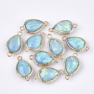 Epoxy Resin Links connectors, with Brass Findings, Imitation Opal Style, teardrop, Golden, Sky Blue, 21~22x11~12x6~7mm, Hole: 1.5mm(RESI-S373-10B)