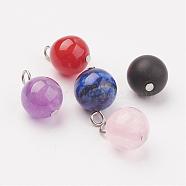 Natural Gemstone Pendants, Round Charms, with Brass Eye Pin, Platinum, 14x10mm, Hole: 2mm(PALLOY-JF00310)