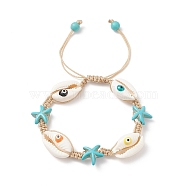 Natural Shell Evil Eye & Synthetic Turquoise(Dyed) Starfish Braided Bead Bracelet, Ocean Theme Adjustable Bracelet for Women, Colorful, Inner Diameter: 2~3-1/8 inch(5~8cm)(BJEW-TA00195)