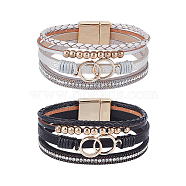 2Pcs 2 Color Imitation Leather Multi-Strand Bracelets Set, Alloy Interlocking Rings Links Punk Bracelets for Women, Mixed Color, 7-5/8 inch(19.5cm), 1Pc/color(BJEW-AN0001-08)