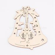 Undyed Wooden Pendants, Christmas Bell, Antique White, 100x84x2.5mm, Hole: 1.5mm(WOOD-K005-22)
